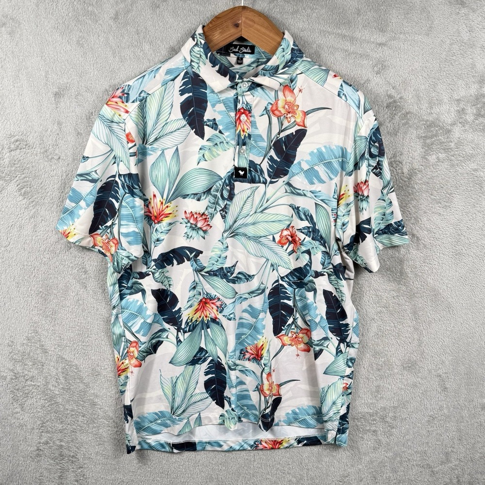 Bad Birdie Mens Performance Golf Polo Shirt L Palm Tree Hawaiian Beach Floral